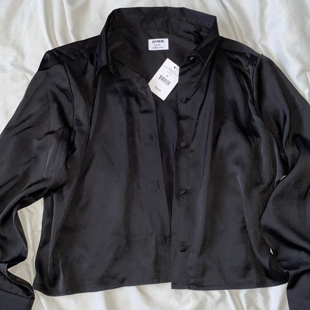 Black Cropped silk button down long sleeve
